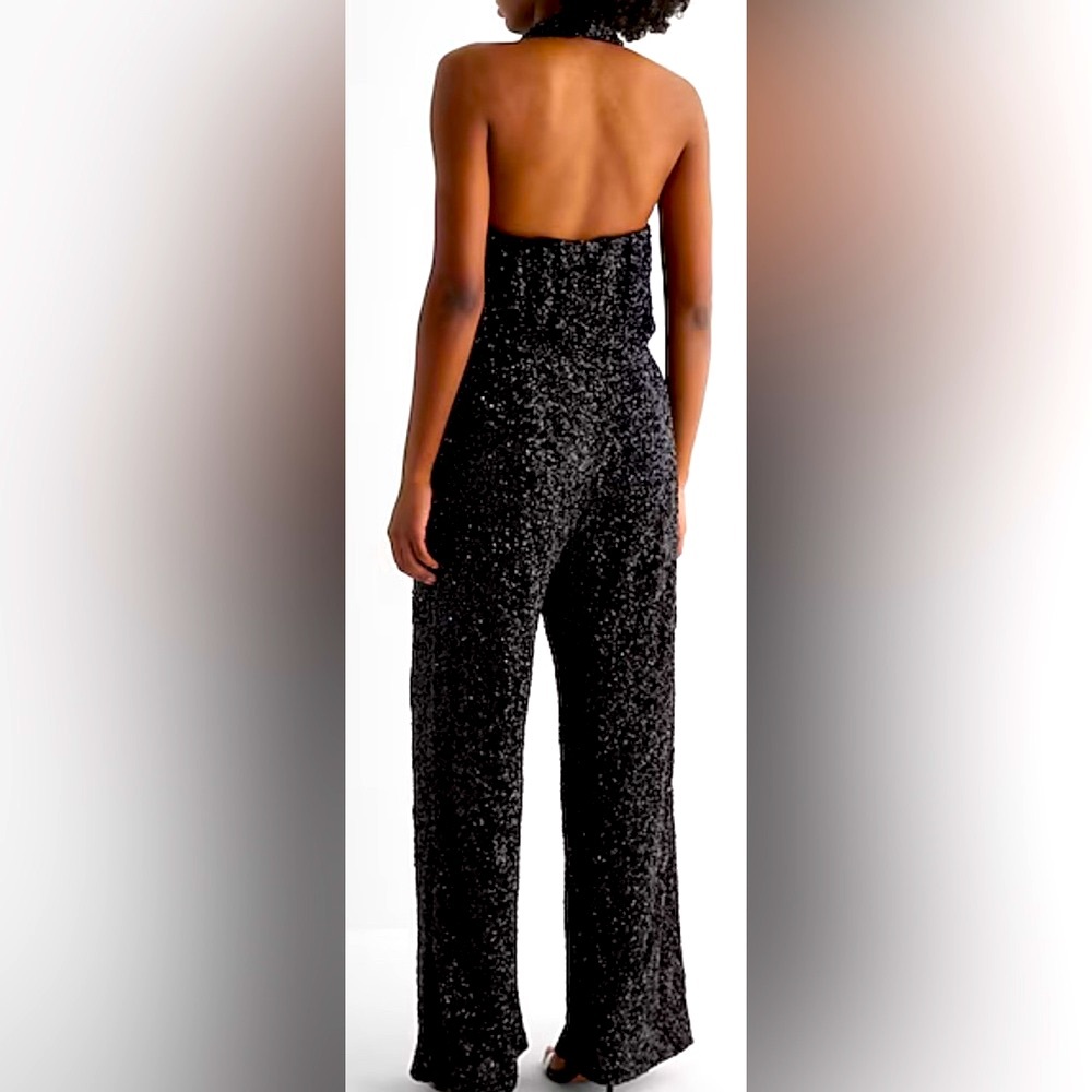 Express Sequin Halter Cowl Neck Wide Leg Jumpsuit, size S, NEW - Picture 4 of 9
